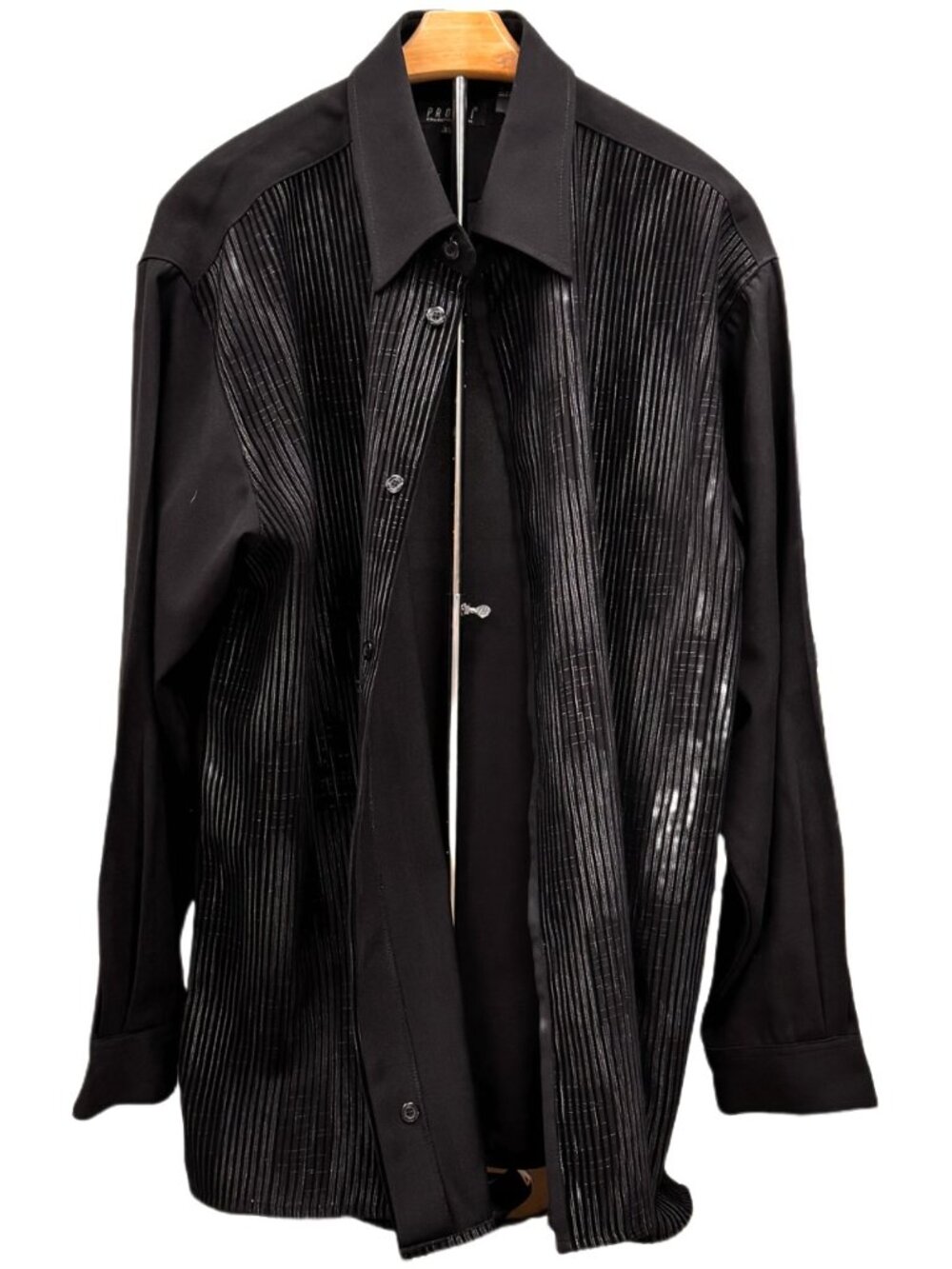 Pronti Textured Black Pleated Button Down Shine Airy Dress Shirt Classic FIt